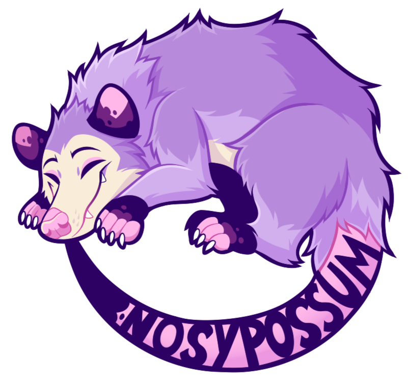 Logo of a purple sleeping, smiling possum with Nosy Possum written on the tail
