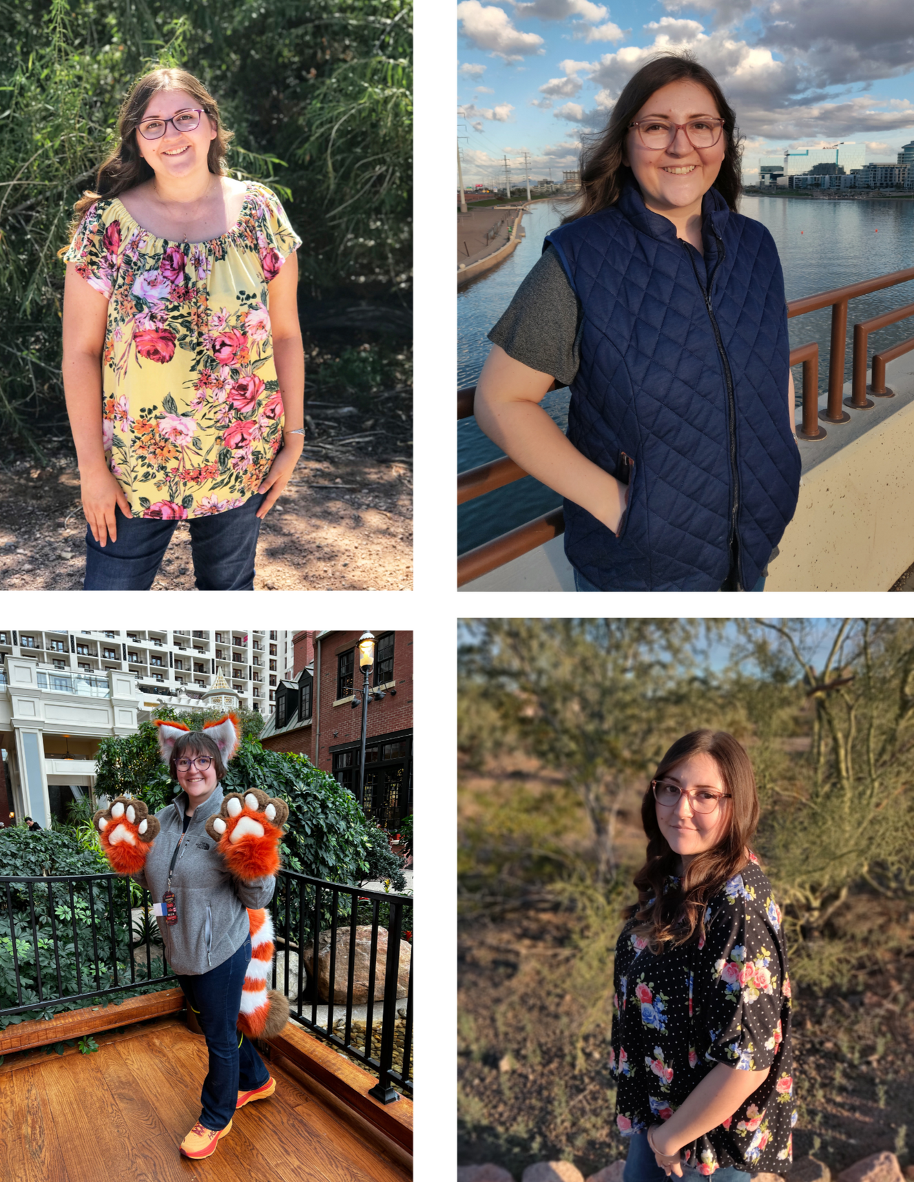 four photos of a brunette woman, top left is a light yellow floral top, top right is a blue quilted vest, bottom left is a furry red panda tail/paws/ears, bottom right is black floral top all handmade