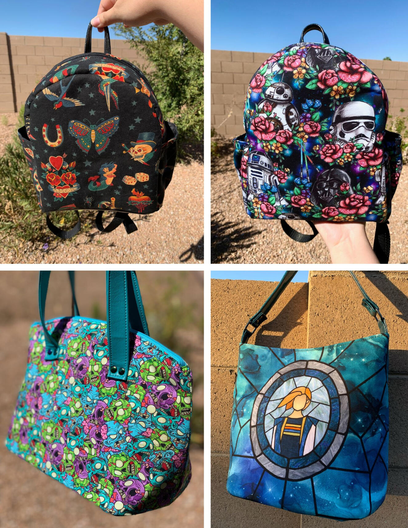 four photos of handmade bags, top left is a tattoo style mini backpack, top right is a star wars floral mini backpack, bottom left is a bright zombie, bottom right is a dr who themed bag